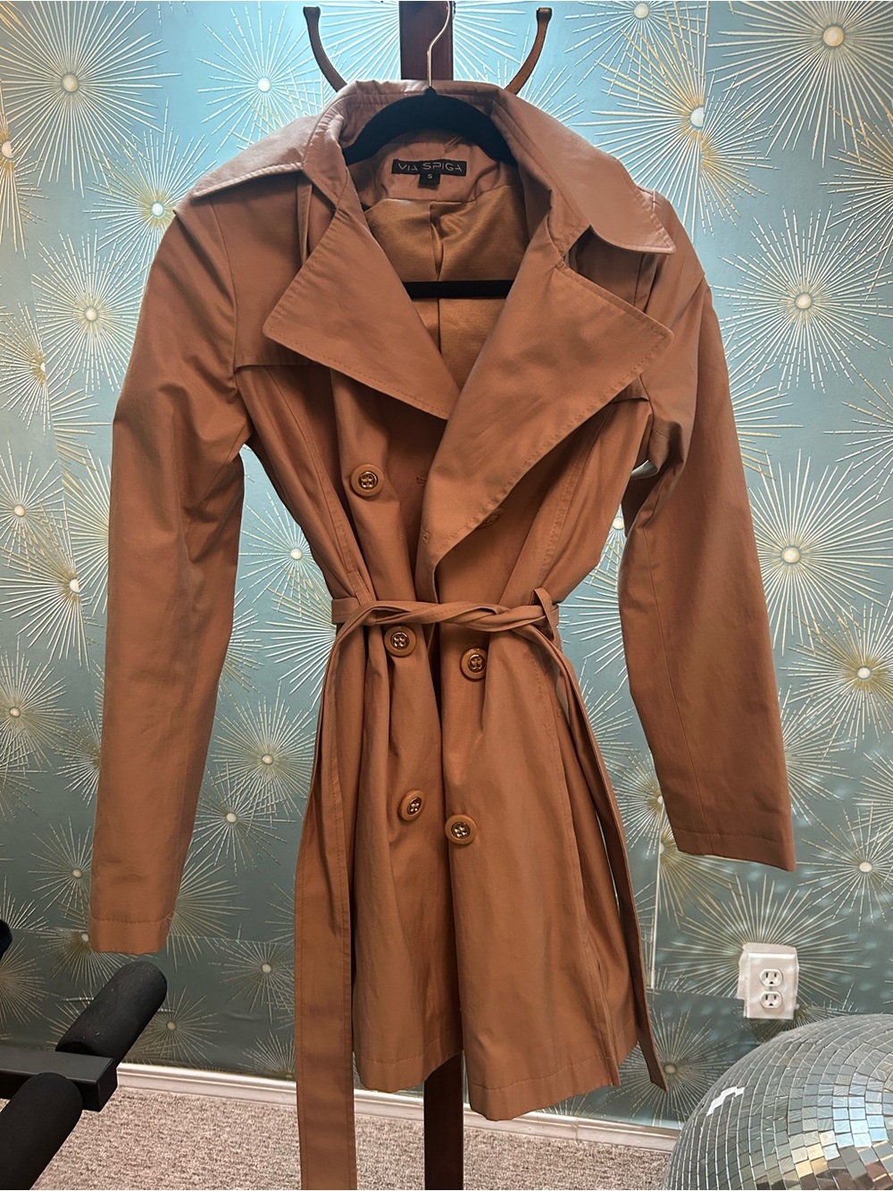 Via Spiga Brown Double-Breasted Trench Coat with Tie Belt and hood